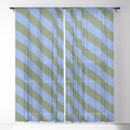 [ Thumbnail: Cornflower Blue and Dark Olive Green Colored Lines/Stripes Pattern Sheer Curtain ]