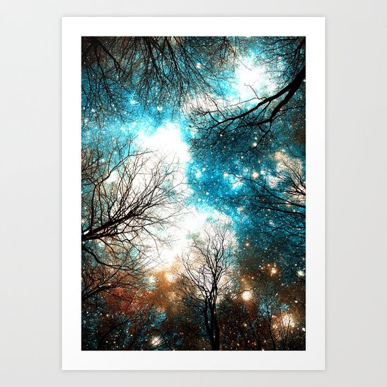 Black Trees Turquoise Brown Space Art Print