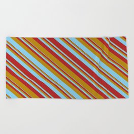 [ Thumbnail: Dark Goldenrod, Sky Blue & Red Colored Stripes Pattern Beach Towel ]