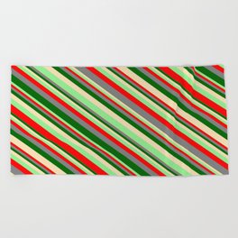 [ Thumbnail: Eyecatching Light Green, Red, Gray, Dark Green, and Tan Colored Lined/Striped Pattern Beach Towel ]