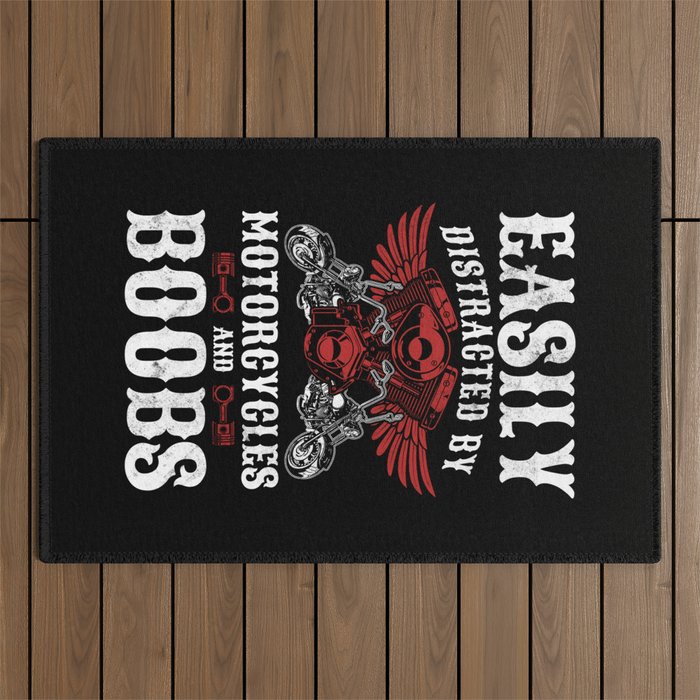 Classic Biker Distracted By Motorcycles And Boobs Outdoor Rug by Yestic