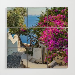 Santorini, Greece, Pink Flowers, Ocean View Wood Wall Art