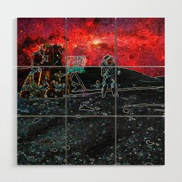 Trippy Moon Landing flag salute with red sky  Wood Wall Art