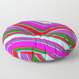 [ Thumbnail: Eyecatching Fuchsia, Red, Dark Orchid, Green & Turquoise Colored Lined Pattern Floor Pillow ]