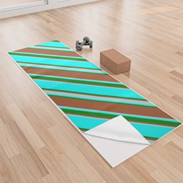 [ Thumbnail: Sienna, Powder Blue, Aqua & Green Colored Stripes Pattern Yoga Towel ]