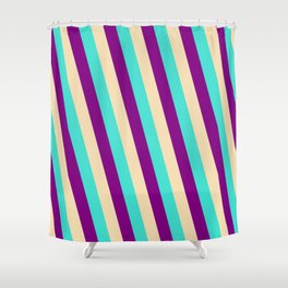 [ Thumbnail: Turquoise, Purple & Tan Colored Stripes/Lines Pattern Shower Curtain ]