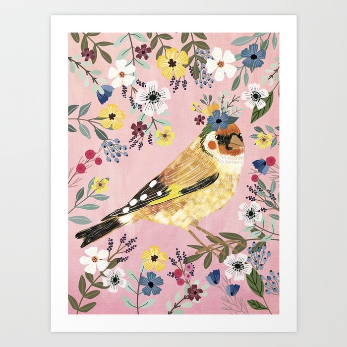 Goldfinch bird with floral crown Art Print