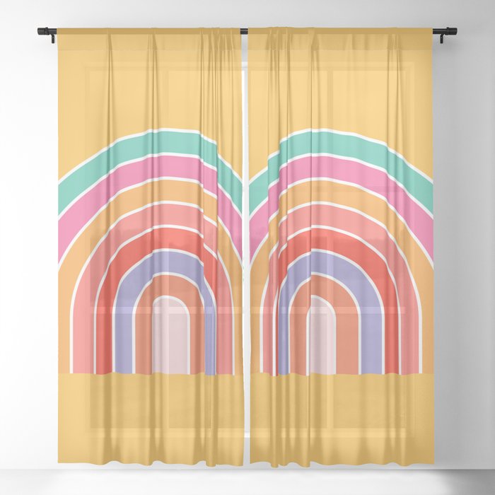 Rainbow Print Mustard Yellow Retro Colorful Abstract Rainbow Decor Sheer Curtain