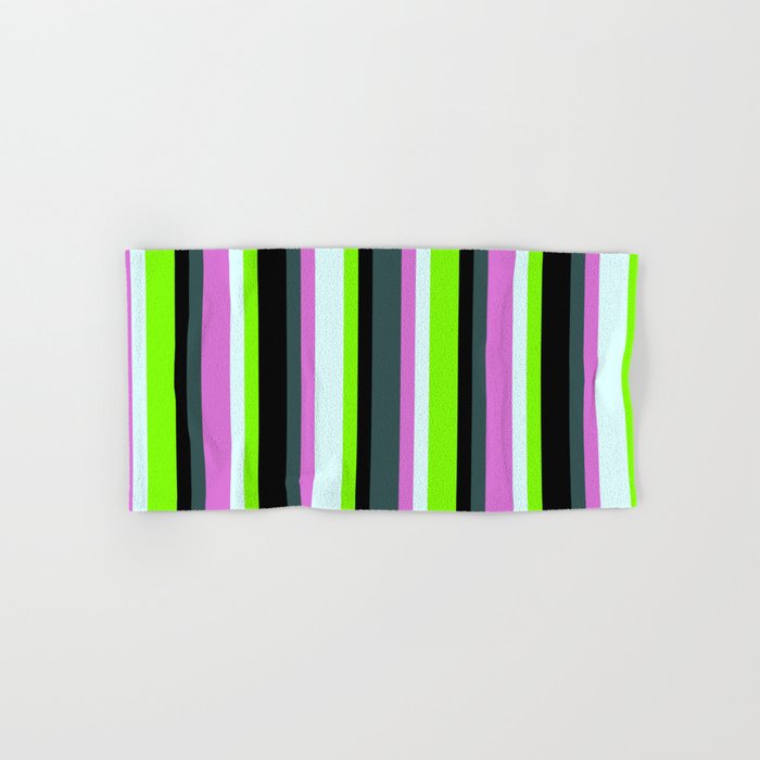 Dark Slate Gray, Orchid, Light Cyan, Chartreuse & Black Colored Lines/Stripes Pattern Hand & Bath Towel