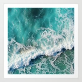 Teal Ocean Water with White Foam – Crushing Waves Aerial Photography Art Print