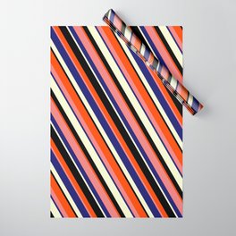 [ Thumbnail: Colorful Red, Light Coral, Midnight Blue, Light Yellow, and Black Colored Stripes Pattern Wrapping Paper ]