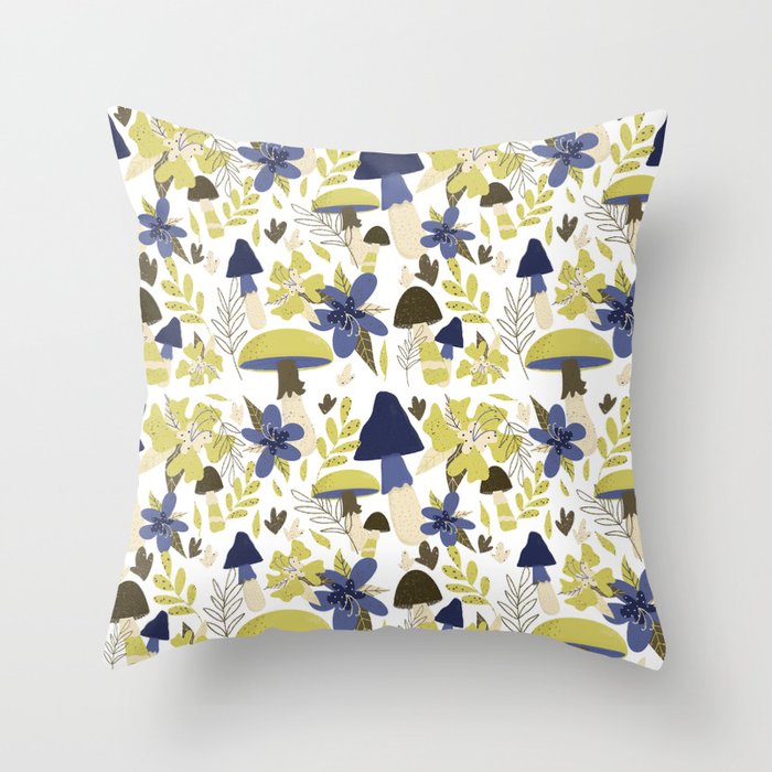 Mushroom Florals green and blues Throw Pillow