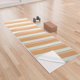[ Thumbnail: Brown & Light Cyan Colored Lined/Striped Pattern Yoga Towel ]