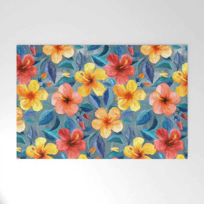 Colorful Watercolor Hibiscus on Grey Blue Welcome Mat