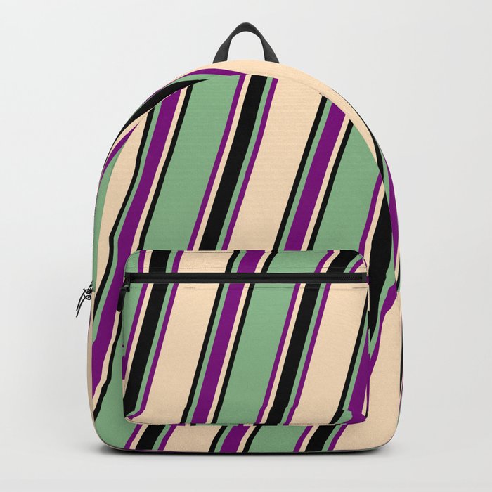 Dark Sea Green, Purple, Bisque, and Black Colored Lines Pattern Backpack