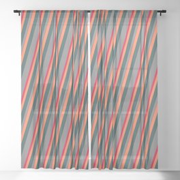 [ Thumbnail: Coral, Dark Slate Gray, Grey, and Crimson Colored Pattern of Stripes Sheer Curtain ]