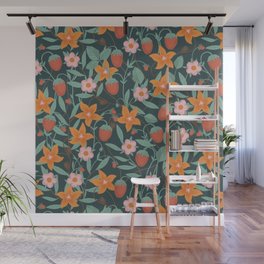 Strawberries and Flowers Field Teal Wall Mural