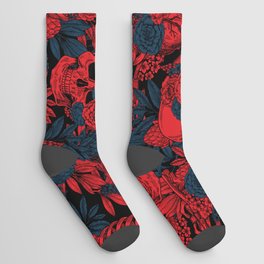 Skulls and Flowers Black Red Blue Vintage Socks