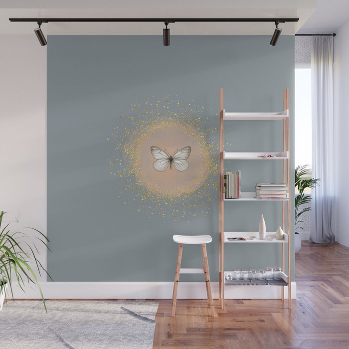 Hand-Drawn Butterfly and Gold Circle Frame on Greenish Gray Wall Mural