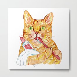 Orange Cat brushing teeth Painting Wall Poster Watercolor  Metal Print