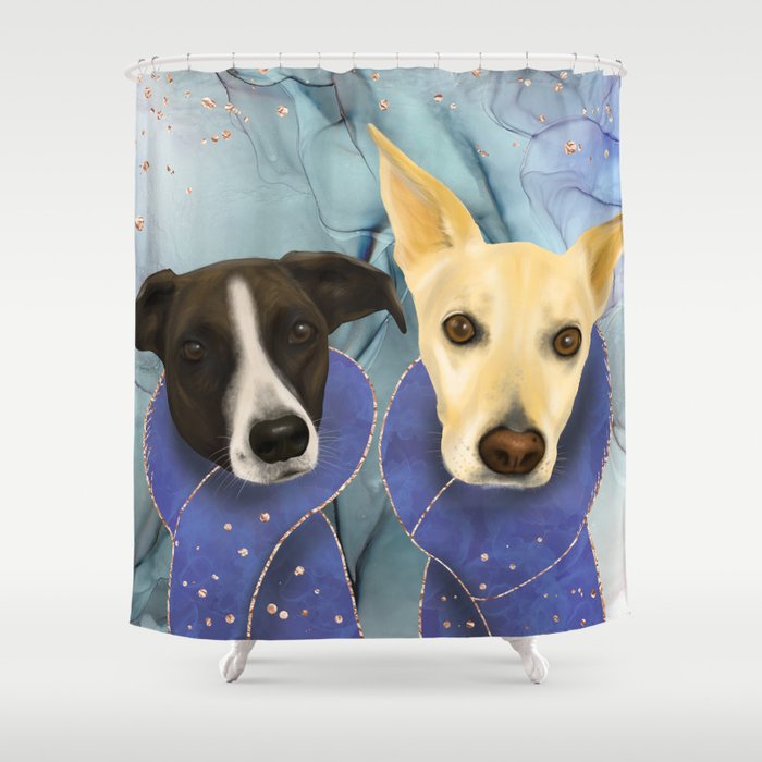 Two Cute Dogs - Family Portrait in Royal Blue Theme Shower Curtain