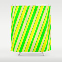 [ Thumbnail: Lime, Yellow, and Pale Goldenrod Colored Striped Pattern Shower Curtain ]