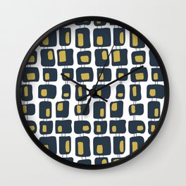 Retro Funky Squares Seamless Pattern Navy Blue, Yellow and White Wall Clock