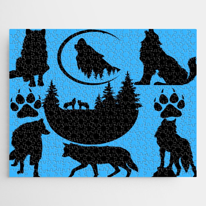Silhouette of Wolves and Blue Jigsaw Puzzle