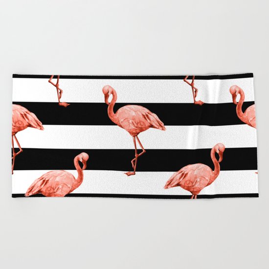 Simply Flamingo Deep Coral on Midnight Black Stripes Beach Towel