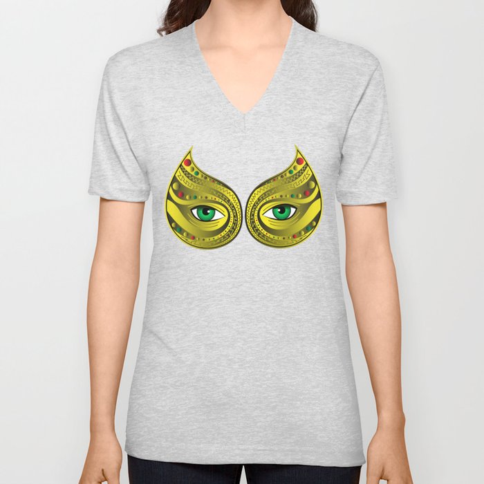 Gold Mask Green Eyes V Neck T Shirt