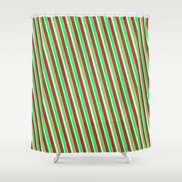 [ Thumbnail: Brown, Green, Beige, Forest Green & Crimson Colored Lined Pattern Shower Curtain ]