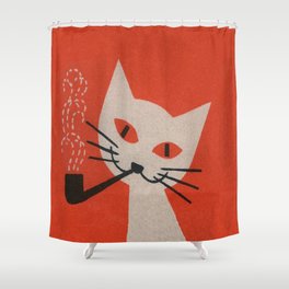 Retro White Cat Smoking a Pipe Shower Curtain