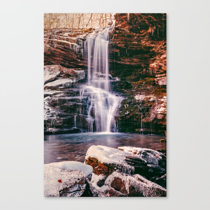 Snow Covered Rocks And Magnolia Falls - Arkansas Canvas Print