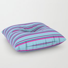 [ Thumbnail: Dark Cyan, Deep Pink, and Light Sky Blue Colored Lined Pattern Floor Pillow ]