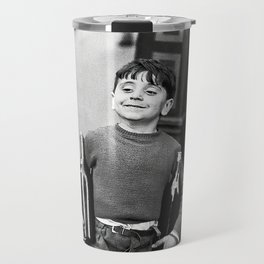 Little Boy and Bottles of Wine, Black and White Vintage Art Travel Mug