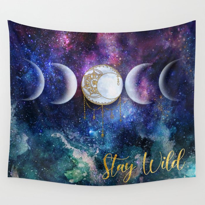 Celestial Ocean Moon Phases  Stay Wild Wall Tapestry by Mystic MerMama 