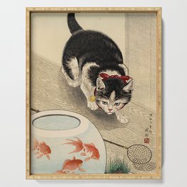Cat and Bowl of Goldfish (1933) — Ohara Koson Serving Tray