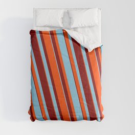 [ Thumbnail: Sky Blue, Red, and Maroon Colored Pattern of Stripes Comforter ]