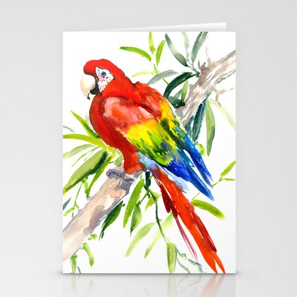 Scarlet Macaw, jungle tropical home decor bright colored parrot foliage Stationery Cards