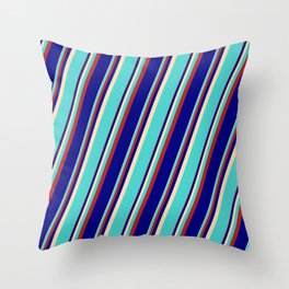 [ Thumbnail: Tan, Turquoise, Red & Blue Colored Lined Pattern Throw Pillow ]