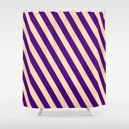 [ Thumbnail: Indigo & Tan Colored Stripes Pattern Shower Curtain ]