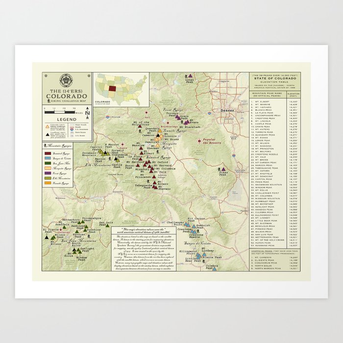 Colorado 14er's (Green hue) hiking map Art Print