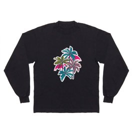 Retro vacation mode // white background highball green peacock blue and dry rose palm trees oxford navy blue lines fuchsia pink flamingos Long Sleeve T-shirt
