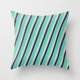 [ Thumbnail: Vibrant Midnight Blue, Aquamarine, Light Gray, Dim Gray, and Black Colored Pattern of Stripes Throw Pillow ]