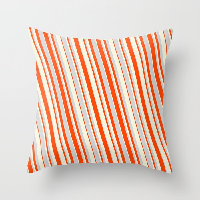 Light Grey, Red, and Beige Colored Striped Pattern Throw Pillow