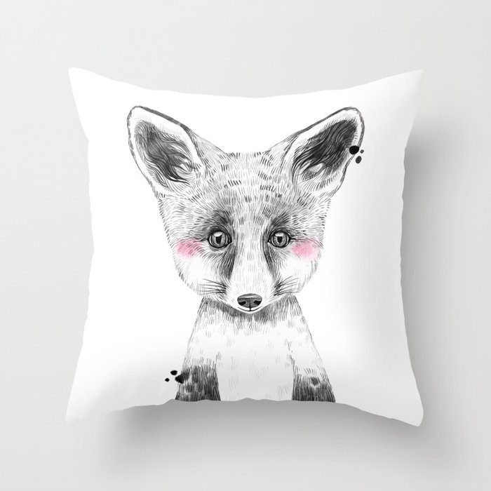 Fox - Black and White Watercolor with blush cheeks Throw Pillow