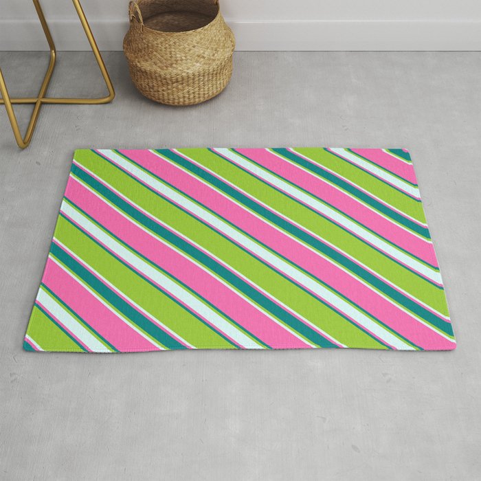 Hot Pink, Teal, Green, and Light Cyan Colored Stripes/Lines Pattern Rug