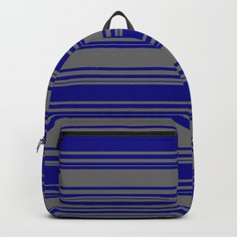 [ Thumbnail: Blue and Dim Grey Colored Stripes Pattern Backpack ]