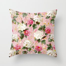 Vintage green pink white bohemian hortensia flowers Throw Pillow