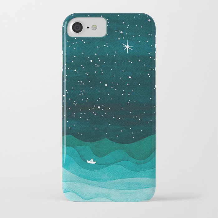 starry ocean, teal sailboat watercolor sea waves night iphone case